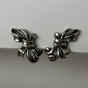 Vintage Sterling Silver Ribbon Bow Clip-On Earrings Sculptural Retro Jewelry